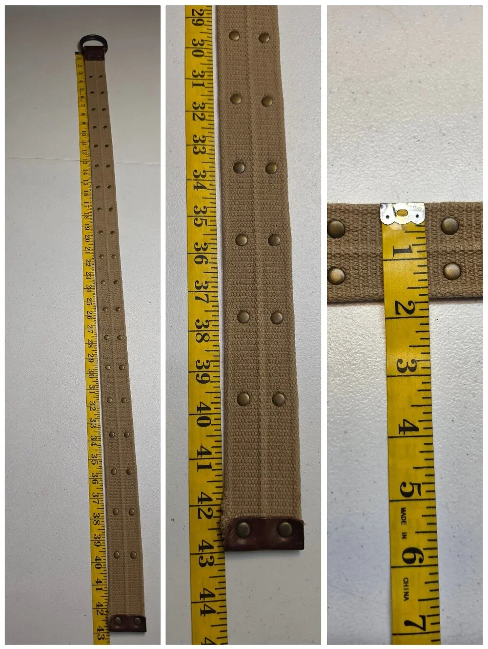 Vintage Men's Tan Woven Webbing Canvas Double D-Ring Belt with Leather Contrast